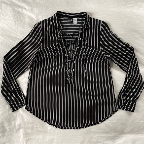 Pin Stripe Lace Up Blouse - Picture 1 of 4